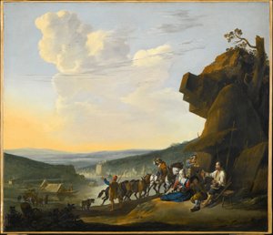 Tysk: Südliche Landschaft mit Fähre Sydligt landskab med udsigt over en bugt, med rejsende, der hviler sig af Johannes Lingelbach