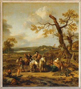 Halte de paysans allant au marche - Landmænd, der hviler sig på vej til markedet ... af Johannes Lingelbach