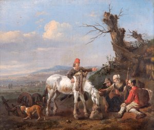 Landskab med rejsende hvilende (olie på egetræspanel) af Johannes Lingelbach