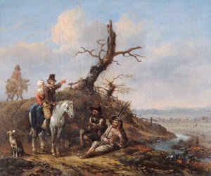 Landskab med rejsende hvilende og par til hest (olie på egetræspanel) af Johannes Lingelbach