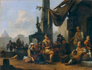 Italienske bønder drikker ved døren til et romersk hotel ... af Johannes Lingelbach