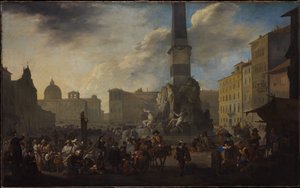 Romersk markedsscene på Piazza Navona af Johannes Lingelbach