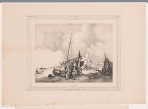 Hollandsk kyst med både og mennesker En hollandsk kyst (titel på objekt) af Johannes Lodewijk Riedel