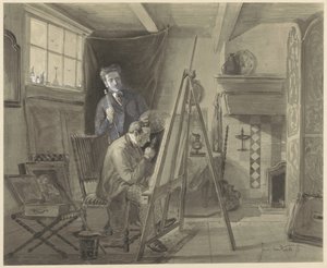 Selvportræt af Johannes Marius van Kate, stående i sit atelier med en besøgende af Johannes Marius ten Kate