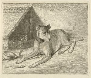 Hund på en kæde ved et hundehus af Johannes Mock