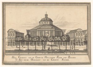 Udsigt over den nye hollandske kirke i Batavia Udsigten fra Groote Hollandse Kerk til Batavia Te Sien fra den anden side af Groote Revier (titel på objekt) af Johannes Rach