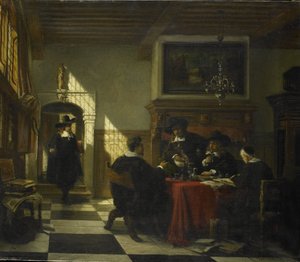 Selskab i 1600-tals kostume ved et bord, hvorpå en Nautilus kop af Johannes Stroebel