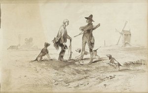 Jægere med hunde i et landskab med en vindmølle af Johannes Tavenraat