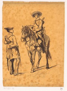 Officer til hest taler med en soldat af Johannes Tavenraat