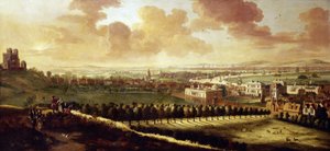Udsigt over Greenwich og London (England), ca. 1680, med det kongelige observatorium til venstre, i midten dronningens hus og hjorte, der brøler frit i parken.