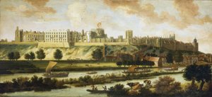 Udsigt over Windsor Castle og hele panoramaet omkring bygningen, med beskrivelse af parken og aktiviteter på floden, en række forskellige både, fra fiskerbåde til kongelige skibe
