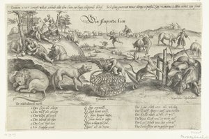 Den sovende løve, 1567 The Sleeping Lion (titel på objekt) Fire allegorier af begivenhederne mellem 1576-1579 i Holland (serietitel) af Johannes Wierix (attributed to)