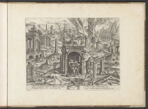 Alder fra 80 år til døden; ruinen 5. Ruyne (titel på objekt) Six Ages of Man / Six Building Orders (serietitel) Teater Vitæ Humanæ (serietitel) af Johannes Wierix