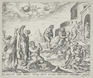 Mand beder om tilgivelse og tilgiver sine skyldnere af Johannes Wierix