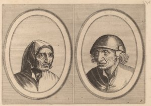 "Rijckje Schimmel-penninghs" og "Lubbert Leever-pølse" af Johannes and Lucas van Doetechum after Pieter Bruegel the Elder