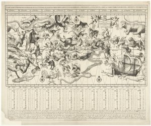 Himmelkort for den nordlige og sydlige stjernehimmel udført i Mercator-projektion Sterre kaert eller himmelske pleyn, hvormed man kan vide, hvad klokken er over hele aertkloot (...) (titel på objekt) af Johannes de Broen (I)