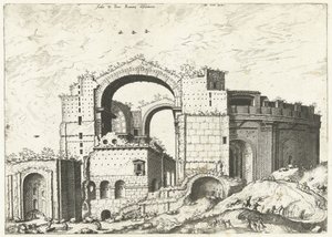 Gezicht op de Sint Pieter i Rom Deformation af Aedis D. Peter Romana (titel på objekt) Romerske ruiner, 1561 (serietitel) af Johannes of Lucas van Doetechum (attributed to)