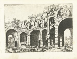 Udsigt over et amfiteater sandsynligvis Colosseum Romerske ruiner, 1561 (serietitel) af Johannes of Lucas van Doetechum (attributed to)