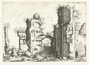 Udsigt over ruiner, muligvis Caracalla-badene Romerske ruiner, 1561 (serietitel) af Johannes of Lucas van Doetechum (attributed to)