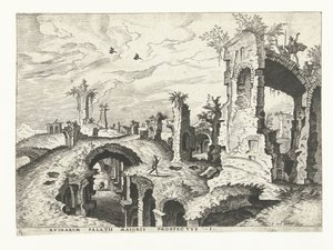 Udsigt over ruiner på Palatinerhøjen i Rom Romerske ruiner, 1561 (serietitel) af Johannes of Lucas van Doetechum (attributed to)