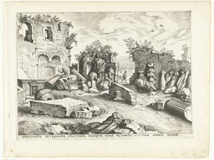 Have med fragmenter af antikke statuer Romerske ruiner, 1561 (serietitel) af Johannes of Lucas van Doetechum (attributed to)