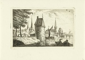 Bybillede med tårn ved floden