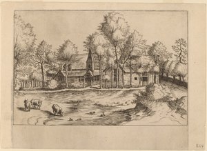 Landsby med kirke af Johannes van Doetechum, the Elder and Lucas