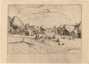 Landsby med får og siddende hyrde