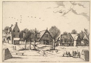 Country Village, bueskytter i forgrunden fra Multifariarum casularum ruriumque linea..., 1559-61. af Johannes van Doetecum I