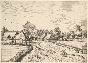 Landsby med postmølle fra Multifariarum casularum curios features..., 1559-61 af Johannes van Doetecum I