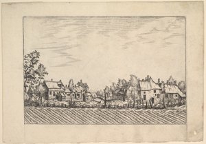 Gårde, pløjet mark i forgrunden fra Praediorum villarum et rusticarum casu..., ca. 1559-61. af Johannes van Doetecum I