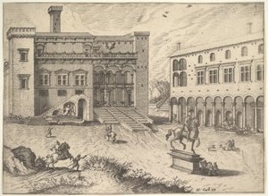 Udsigt over Campidoglio på Capitoline Hill, med rytterstatue nederst til højre, fra..., 1562.