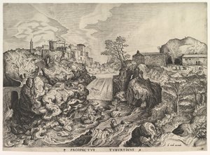 Udsigt over Tiber Tivoli Prospectus Tyburtinus fra De Store Landskaber, ca. 1555-56. af Johannes van Doetecum I