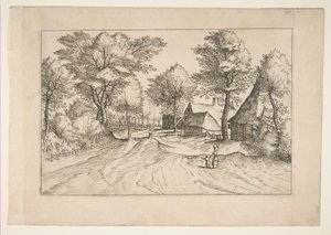 Landsbyvej med en gård og skure, fra serien, De små landskaber Multifariaru..., 1559-61. af Johannes van Doetecum I