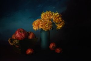 Granatæbler og gyldne krysantemum