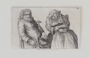 Et siddende gammelt par, han drikker, hun ryger (gravering)