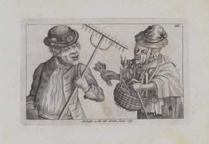 En mand med en rive, en kvinde, der sælger skeer og røremaskiner (gravering)