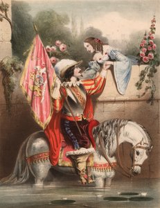 Se over havemuren Kate - soldat på en hvid hest, der møder sin kærlighed (farve litho)