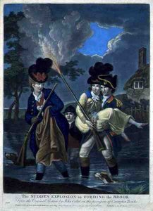 En pludselig eksplosion i Fording the Brook, pub. af Carington Bowles (fl.1744-93) (mezzotintgravering) af John (after) Collet