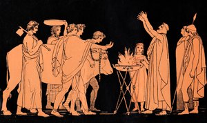 Nestor, konge af Pylos og tidligere kriger i den trojanske krig, ofrer tyre til Poseidon, scene fra 