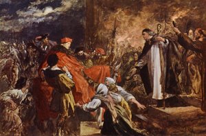 Kardinal Wolseys ankomst til Leicester Abbey (farve litho) af John (after) Gilbert