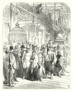 Udstillere og besøgende i Crystal Palace, Hyde Park, London, mødested for den store udstilling i 1851 (gravering)