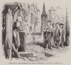 Martin Luther, da en dreng synger i Eisenachs gader (gravering) af John (after) Gilbert