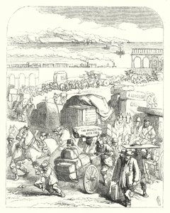 Skibe og tog bringer besøgende til den store udstilling i 1851, Crystal Palace, Hyde Park, London (gravering) af John (after) Gilbert
