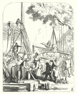 Håndværkere på stedet for Crystal Palace, Hyde Park, London, mødested for den store udstilling i 1851 (gravering)