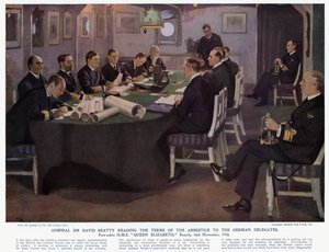 Admiral Sir David Beatty læser vilkårene for våbenhvilen for de tyske delegerede, forkabinen HMS Dronning Elizabeth, Rosyth af John (after) Lavery