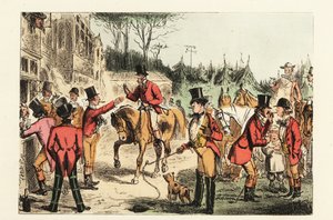 En jæger i jagtpink slutter sig til andre, der drikker og ryger før en jagt af John (after) Leech
