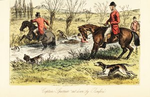Engelsk jæger, der rejser en flod med rævehunde af John (after) Leech