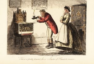 Engelsk jæger i jagtlyserøde og støvler, der undersøger en ræv i et bur ved levende lys af John (after) Leech