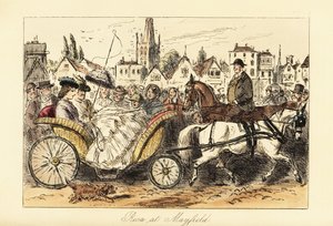 Engelsk dame i krinolinkjole med parasol kører en ponytrukket kurvevogn gennem de travle gader i en lille by af John (after) Leech
